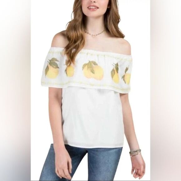 Francesca's Blue Rain Embroidered Lemons or Peaches Off the Shoulder Top Medium - Picture 1 of 14